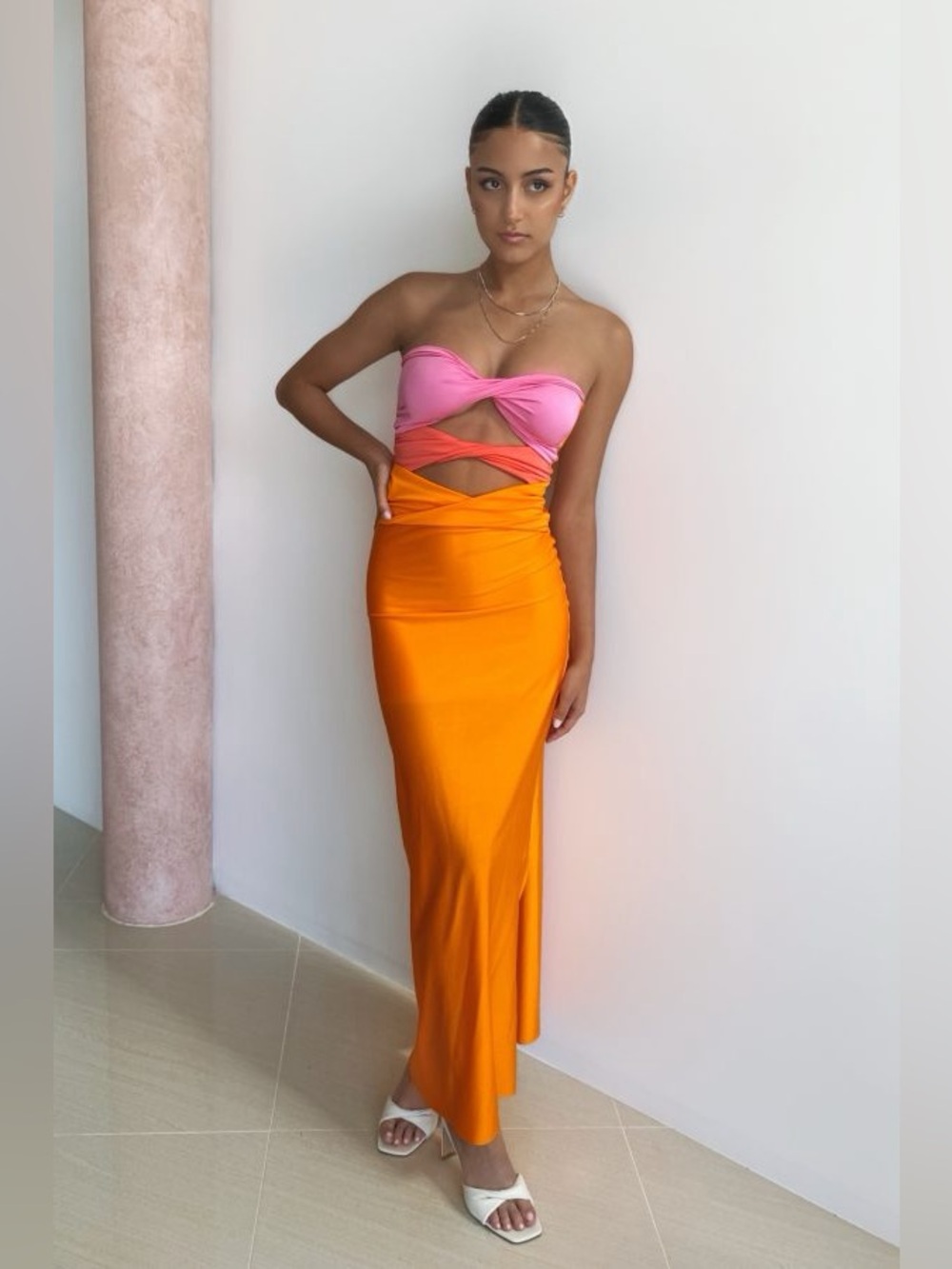 Micas Strapless Two-Tone Cutout Maxi Dress in Pink and Orange